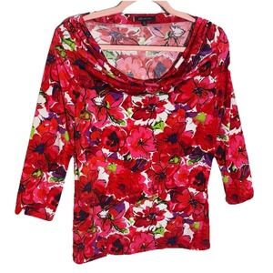 Anne Klein Womens Floral Mid Sleeve Wide Neck Blouse Size S